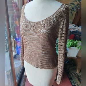 Y2K Fishnet Doily Crocheted Shirt M Gold Cropped Cottage Boho VTG Bette Paige